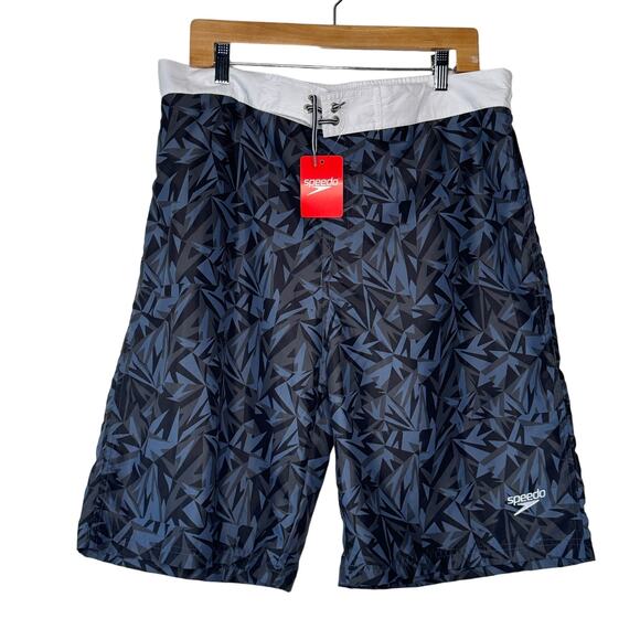 Speedo Swim‎ Shorts Mens XXL Blue Black Geometric Print Drawstring Pool Beach - Picture 1 of 12